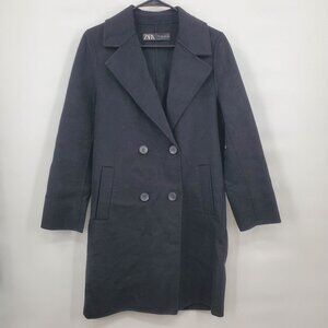 Zara Wool Double Breasted Long Pea Coat Size XS Womens Black Oversize Button Up